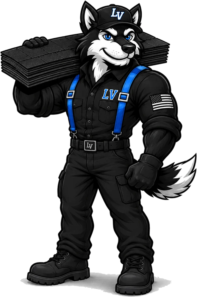 LV Roofing husky mascot carrying a stack of shingles